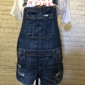 Distressed overall shorts